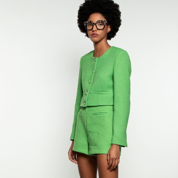 Zara Green High Waist Textured ‘Tweed’ Shorts - Picture 10 of 11